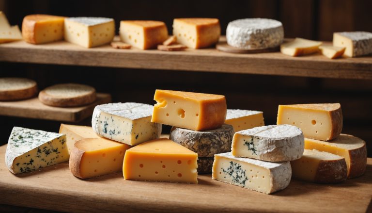Assortiment de fromages sur un comptoir de fromagerie en bois