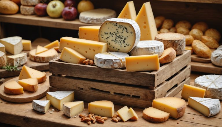 Assortiment de fromages artisanaux dans une caisse en bois, illustration achat anti-gaspi