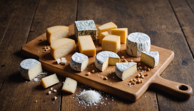Cubes de différents fromages à côté de gros sel, comparatif de la teneur en sel