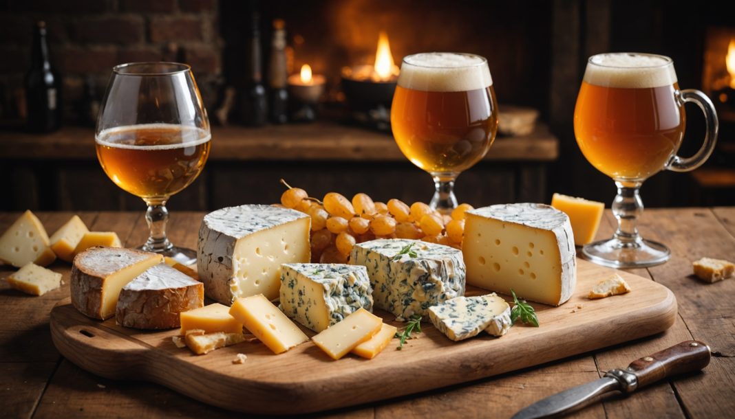Plateau de fromages variés accompagné de deux verres de bière artisanale ambrée et dorée