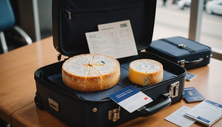 Fromage affiné emballé dans une valise de voyage avec passeport et carte d'embarquement